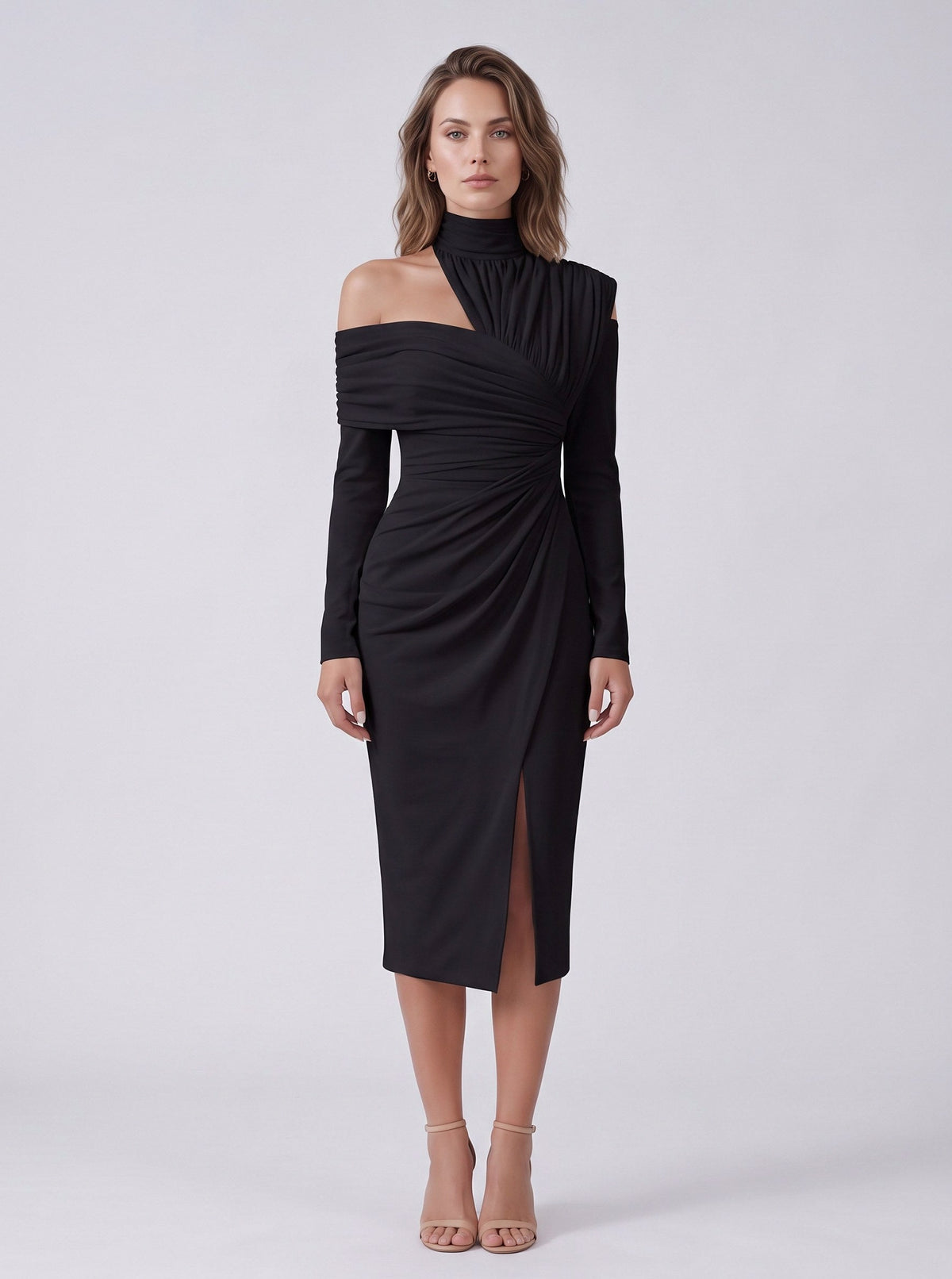 Bodycon High Neck Ruched Midi Dress