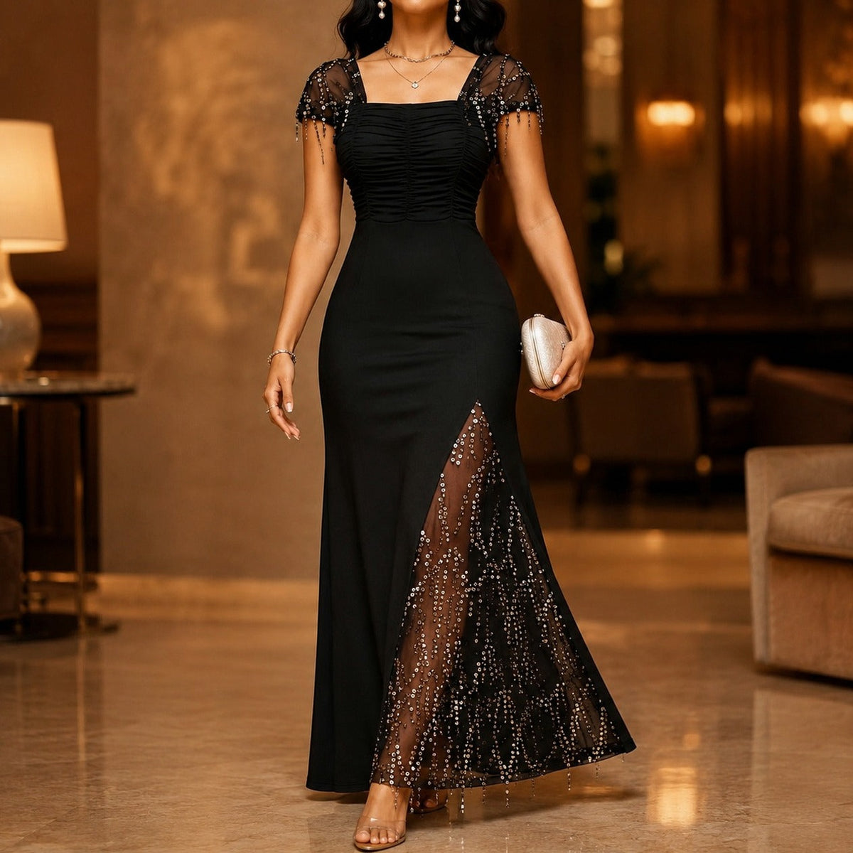 Cap Sleeve Ruched Sequin Maxi Dress