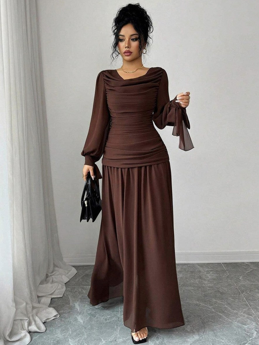 Chiffon Cowl Long Sleeve Maxi Dress