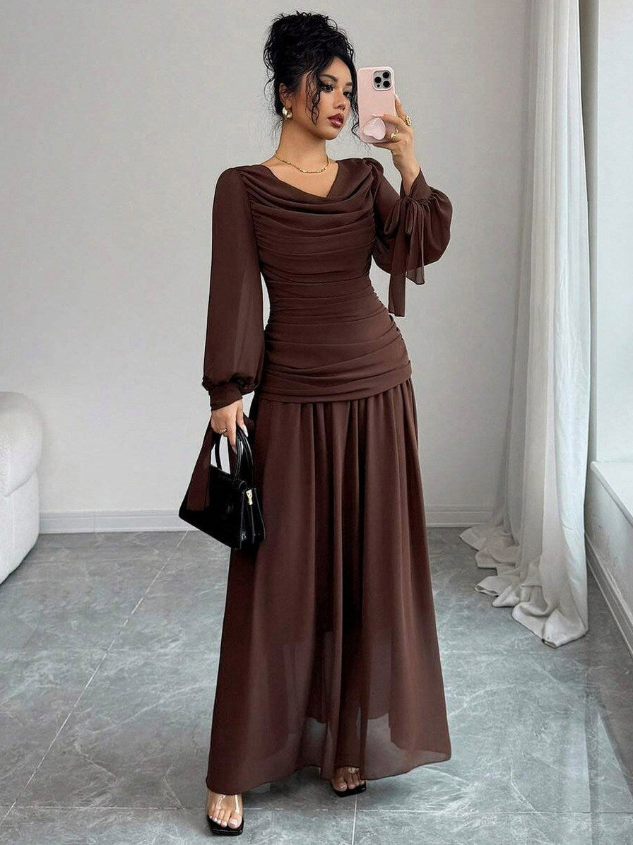 Chiffon Cowl Long Sleeve Maxi Dress