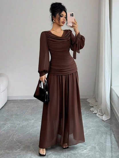 Chiffon Cowl Long Sleeve Maxi Dress