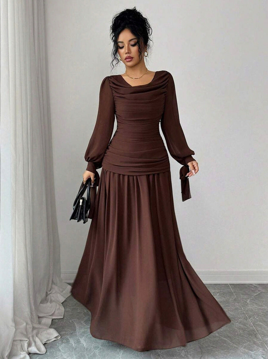 Chiffon Cowl Long Sleeve Maxi Dress