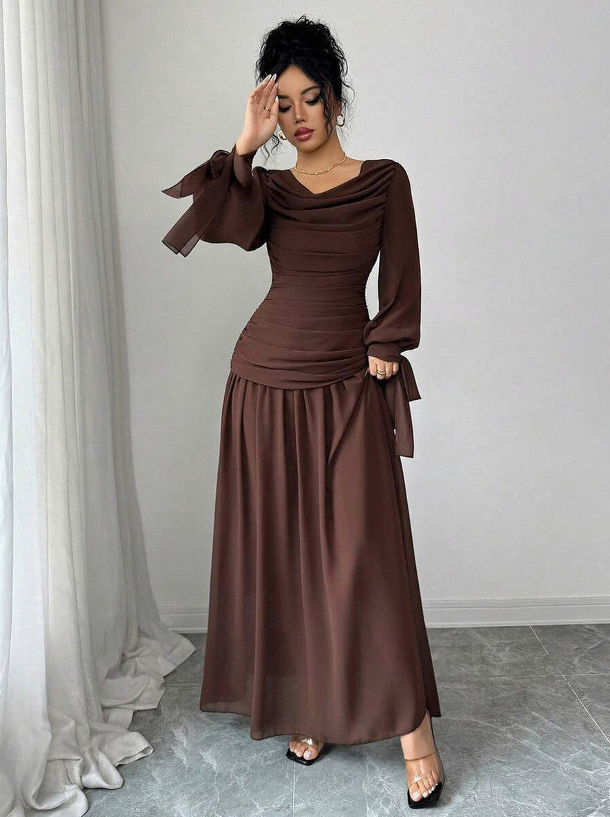 Chiffon Cowl Long Sleeve Maxi Dress
