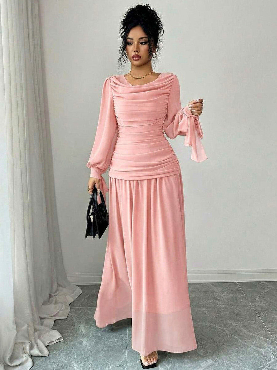 Chiffon Cowl Long Sleeve Maxi Dress