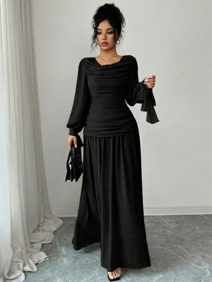 Chiffon Cowl Long Sleeve Maxi Dress