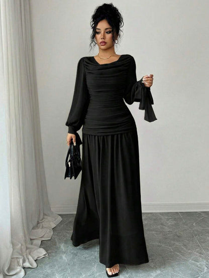 Chiffon Cowl Long Sleeve Maxi Dress