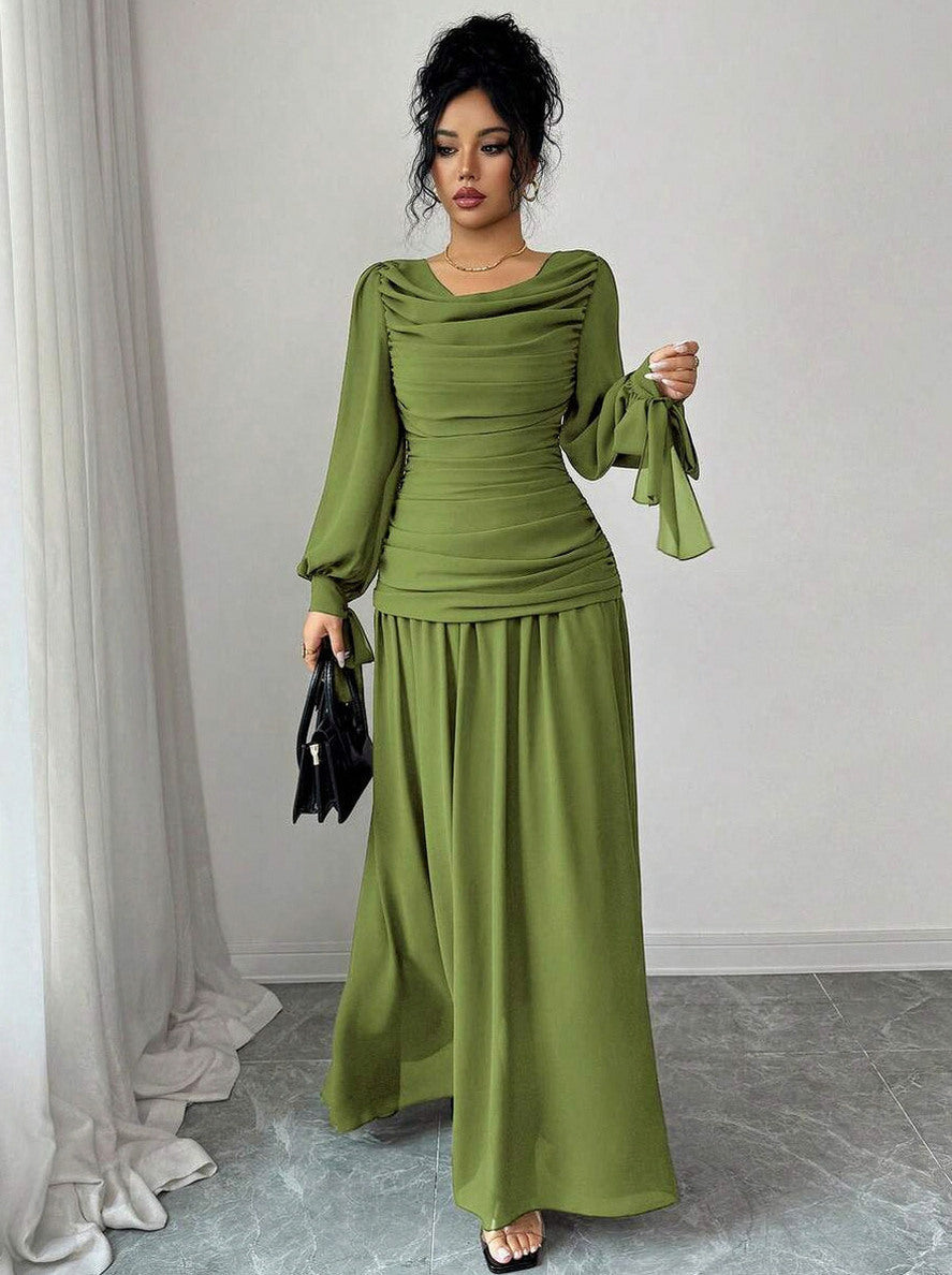 Chiffon Cowl Long Sleeve Maxi Dress