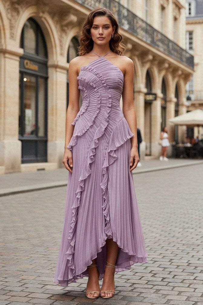 Chiffon Halter Pleated Maxi Dress