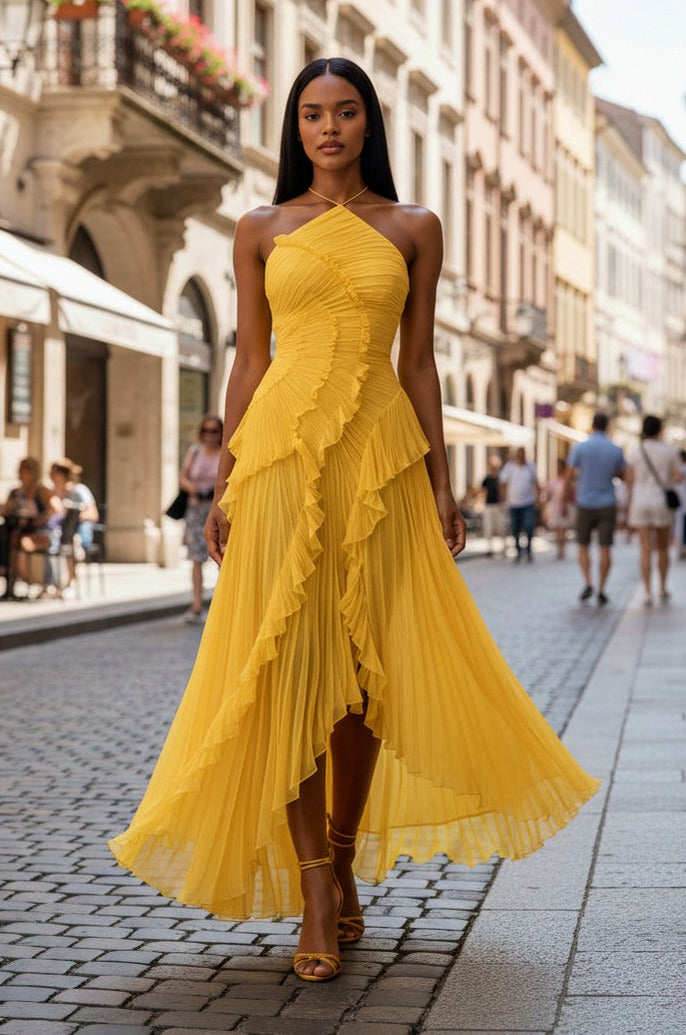 Chiffon Halter Pleated Maxi Dress