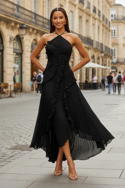 Chiffon Halter Pleated Maxi Dress