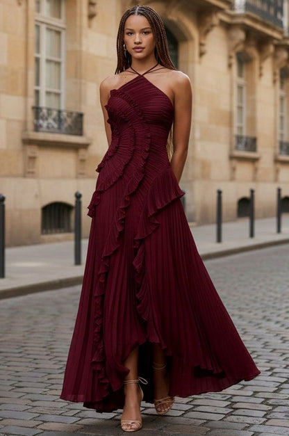 Chiffon Halter Pleated Maxi Dress