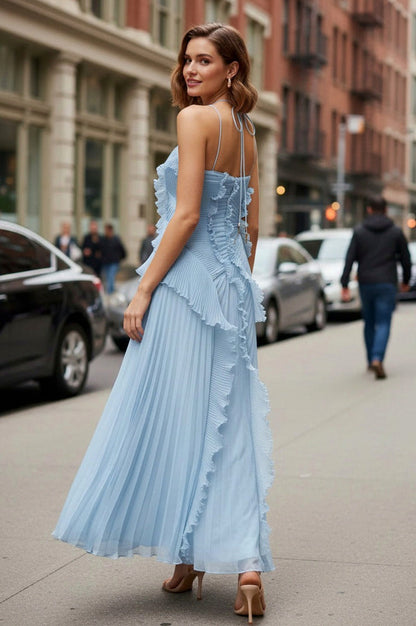 Chiffon Halter Pleated Maxi Dress