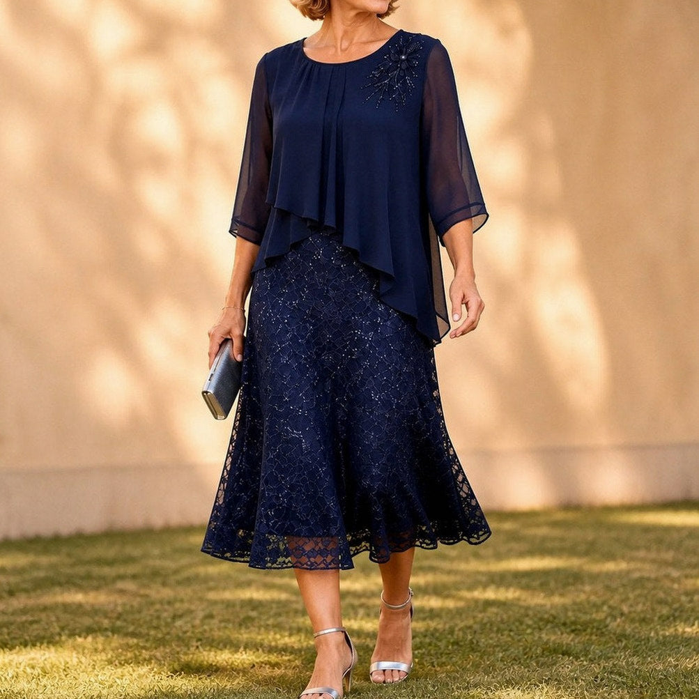 Chiffon Lace Tiered Midi Dress