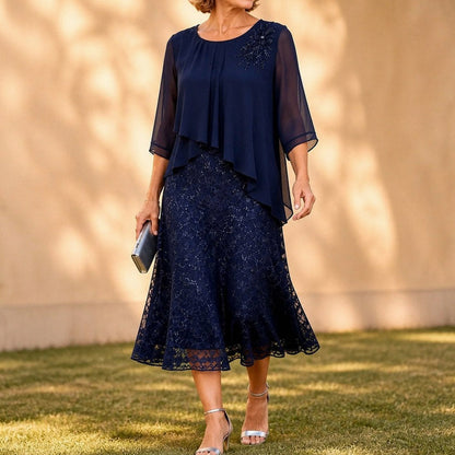 Chiffon Lace Tiered Midi Dress