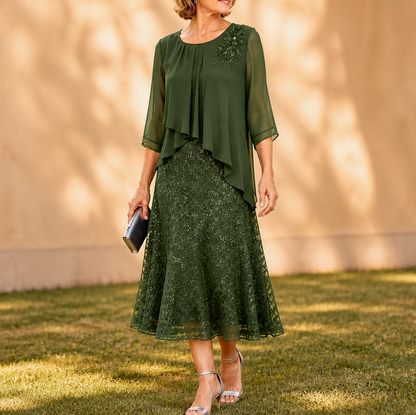 Chiffon Lace Tiered Midi Dress