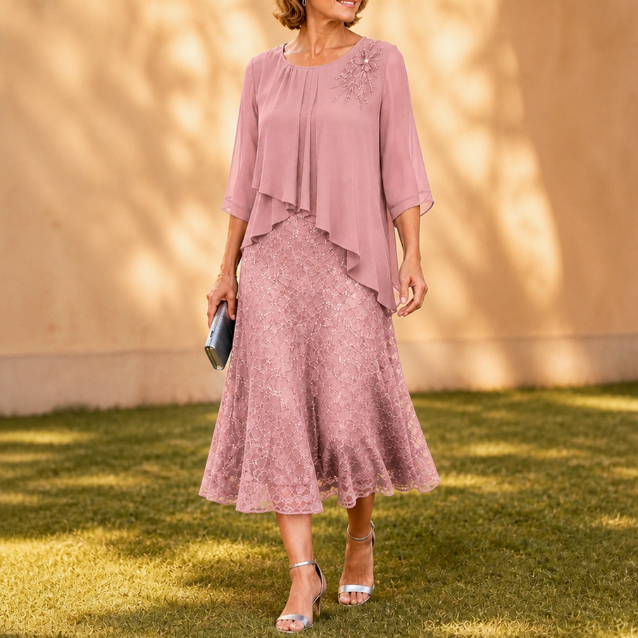 Chiffon Lace Tiered Midi Dress