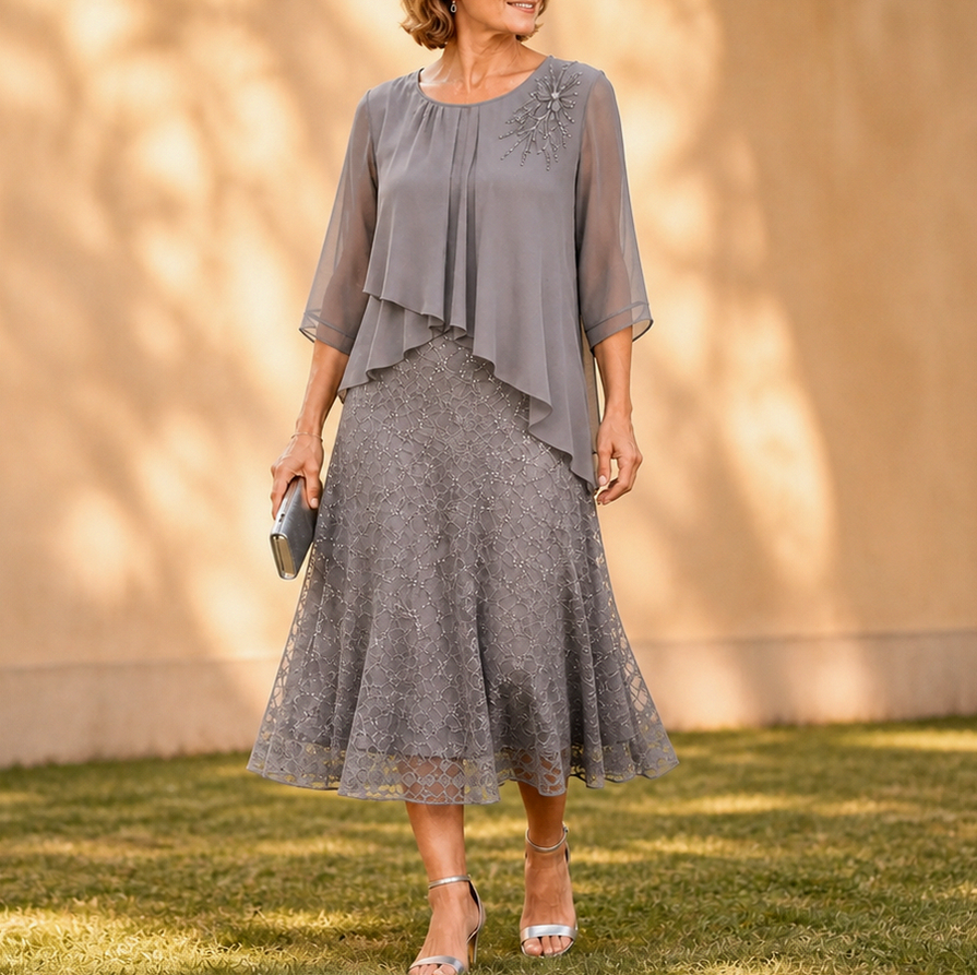 Chiffon Lace Tiered Midi Dress