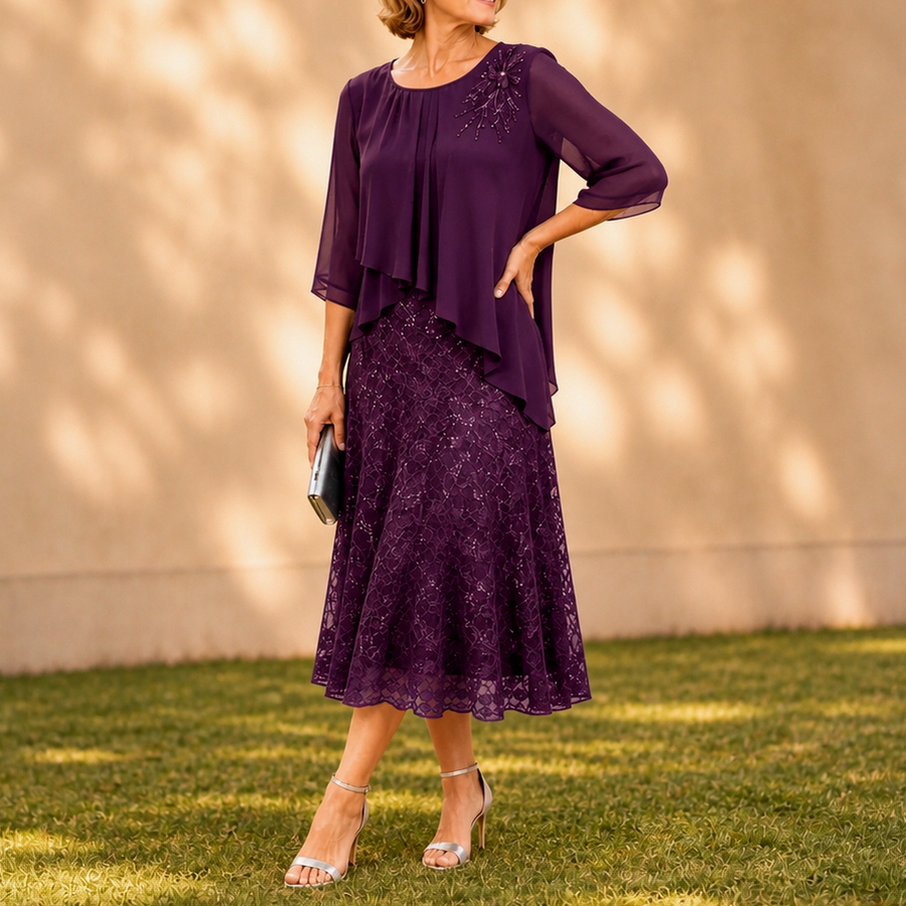 Chiffon Lace Tiered Midi Dress