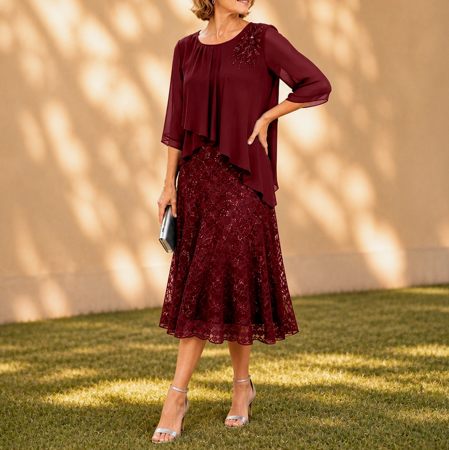 Chiffon Lace Tiered Midi Dress