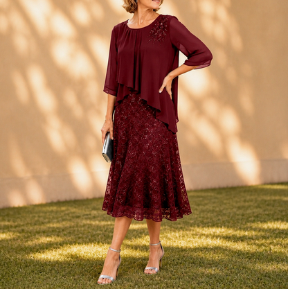 Chiffon Lace Tiered Midi Dress