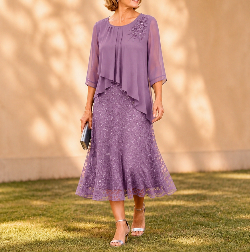 Chiffon Lace Tiered Midi Dress