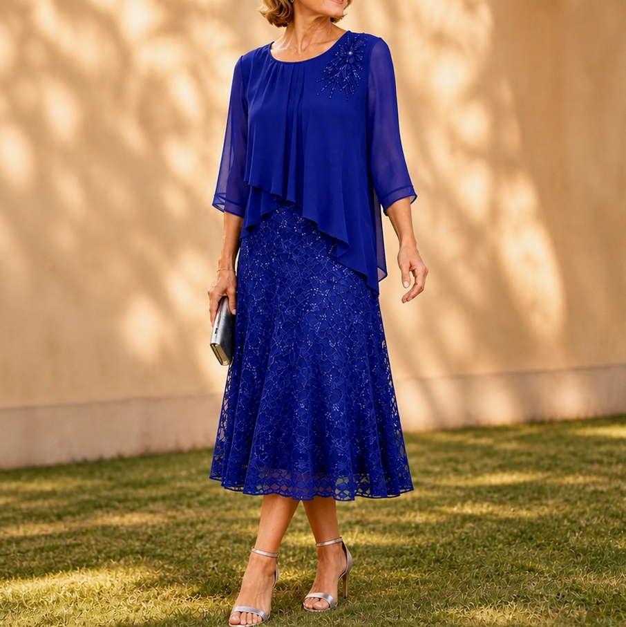 Chiffon Lace Tiered Midi Dress
