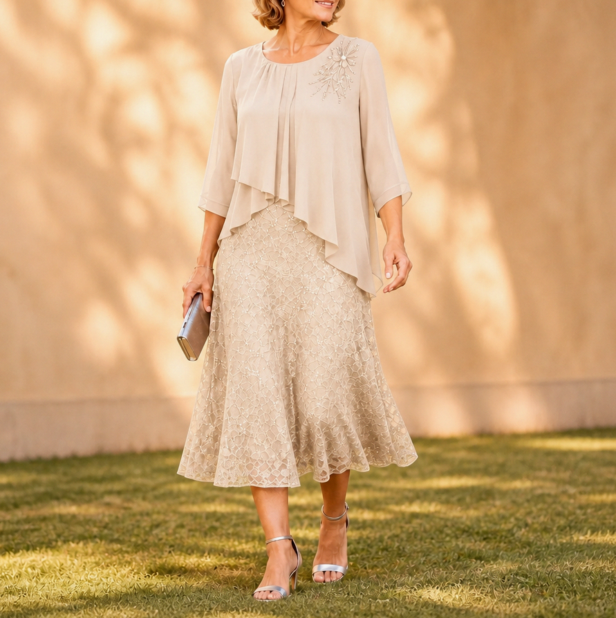 Chiffon Lace Tiered Midi Dress