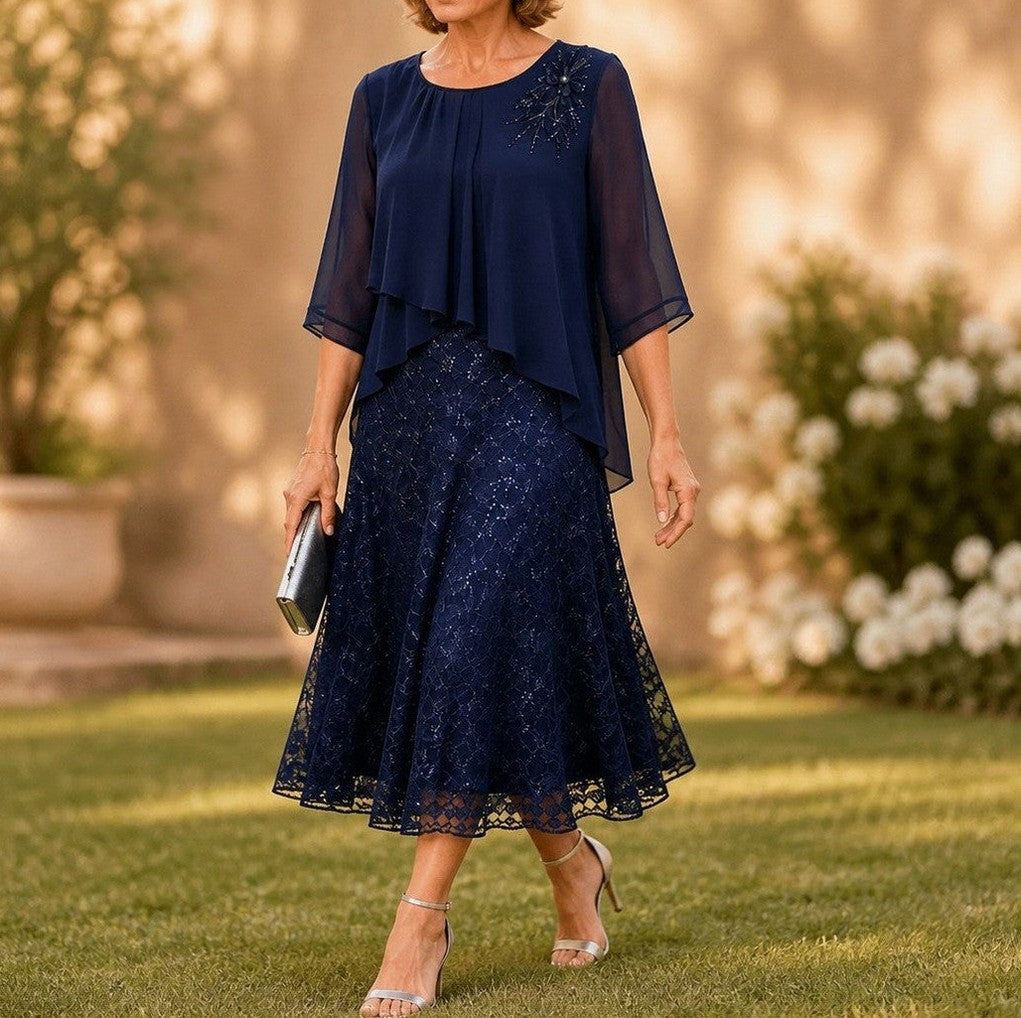 Chiffon Lace Tiered Midi Dress