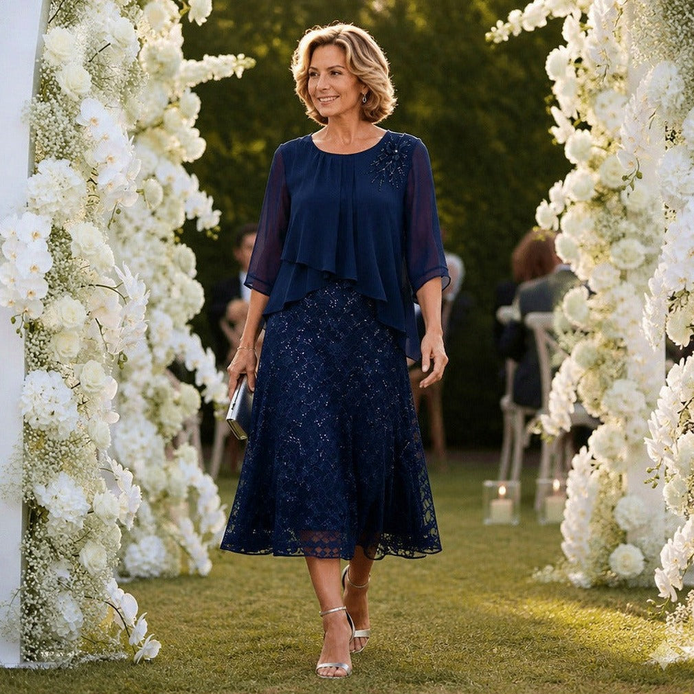 Chiffon Lace Tiered Midi Dress