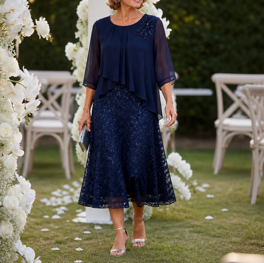 Chiffon Lace Tiered Midi Dress