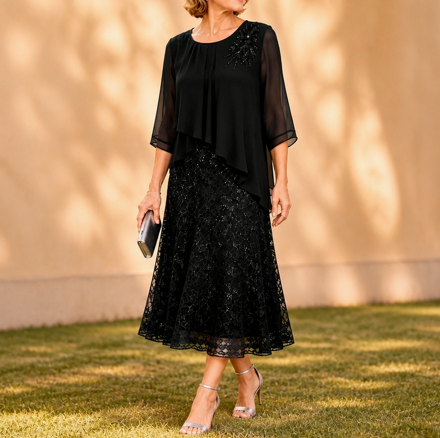 Chiffon Lace Tiered Midi Dress