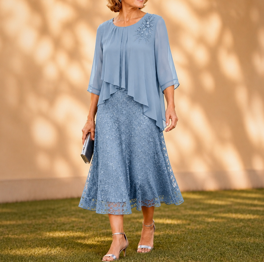 Chiffon Lace Tiered Midi Dress
