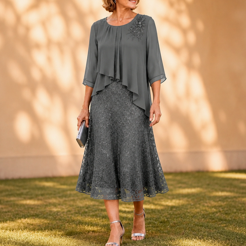 Chiffon Lace Tiered Midi Dress