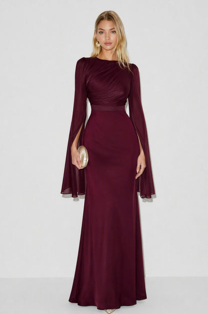 Chiffon Ruched Cape Sleeve Maxi Dress