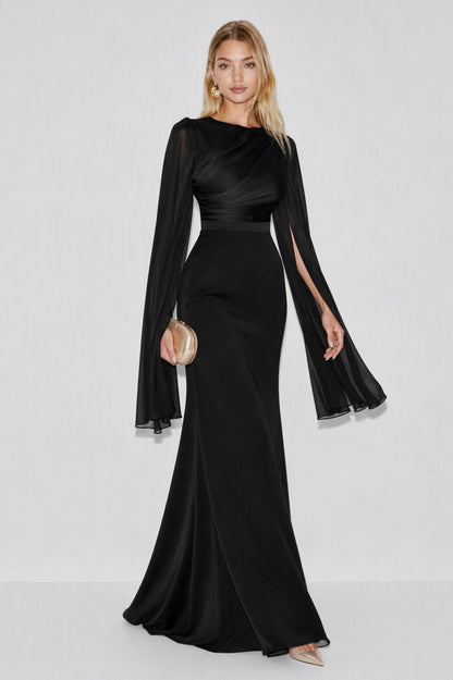 Chiffon Ruched Cape Sleeve Maxi Dress