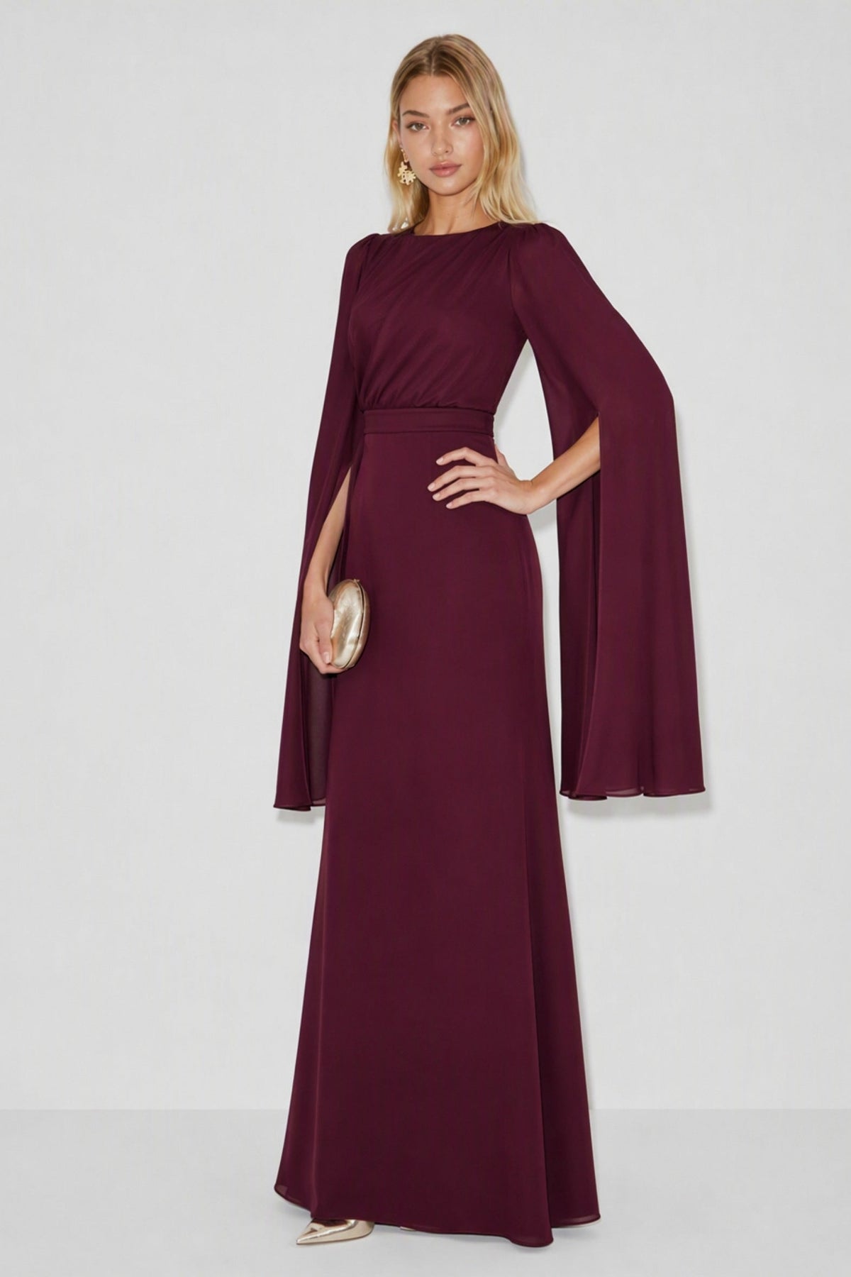 Chiffon Ruched Cape Sleeve Maxi Dress