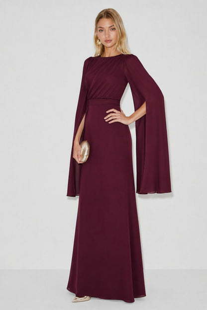 Chiffon Ruched Cape Sleeve Maxi Dress