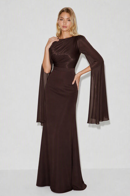 Chiffon Ruched Cape Sleeve Maxi Dress