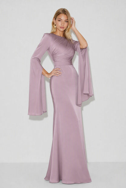 Chiffon Ruched Cape Sleeve Maxi Dress