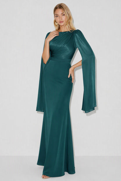 Chiffon Ruched Cape Sleeve Maxi Dress