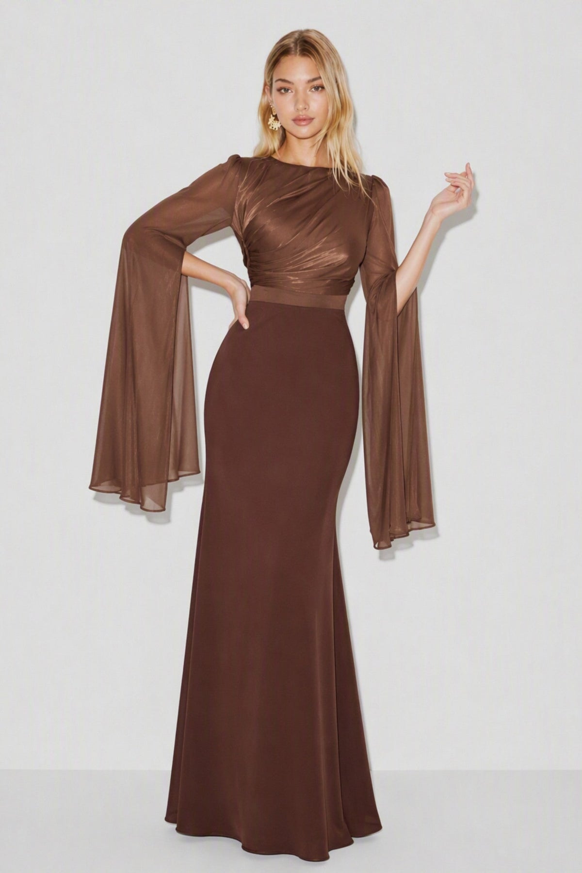 Chiffon Ruched Cape Sleeve Maxi Dress
