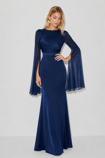 Chiffon Ruched Cape Sleeve Maxi Dress