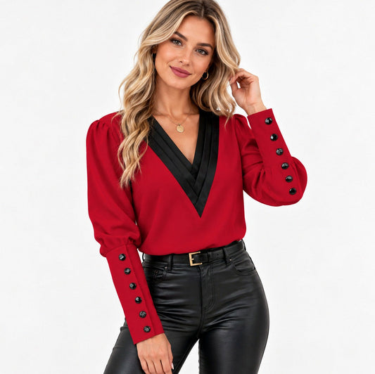 Contrast Trim Long Sleeve Button Cuff Blouse