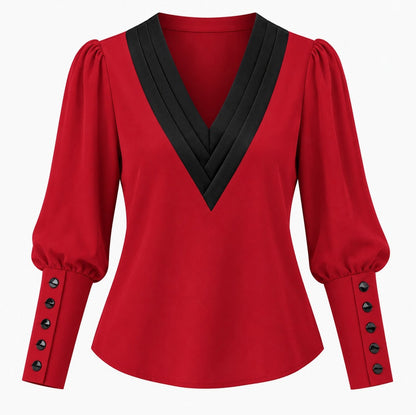 Contrast Trim Long Sleeve Button Cuff Blouse