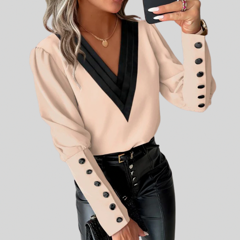 Contrast Trim Long Sleeve Button Cuff Blouse