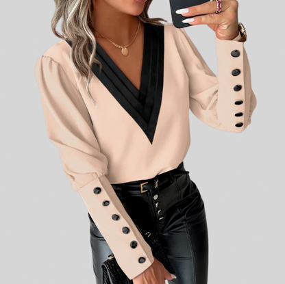 Contrast Trim Long Sleeve Button Cuff Blouse