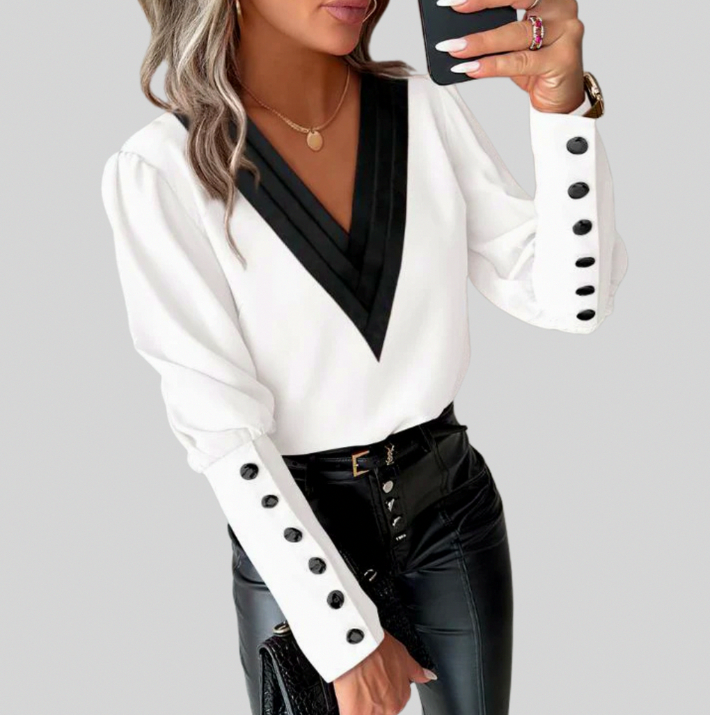Contrast Trim Long Sleeve Button Cuff Blouse