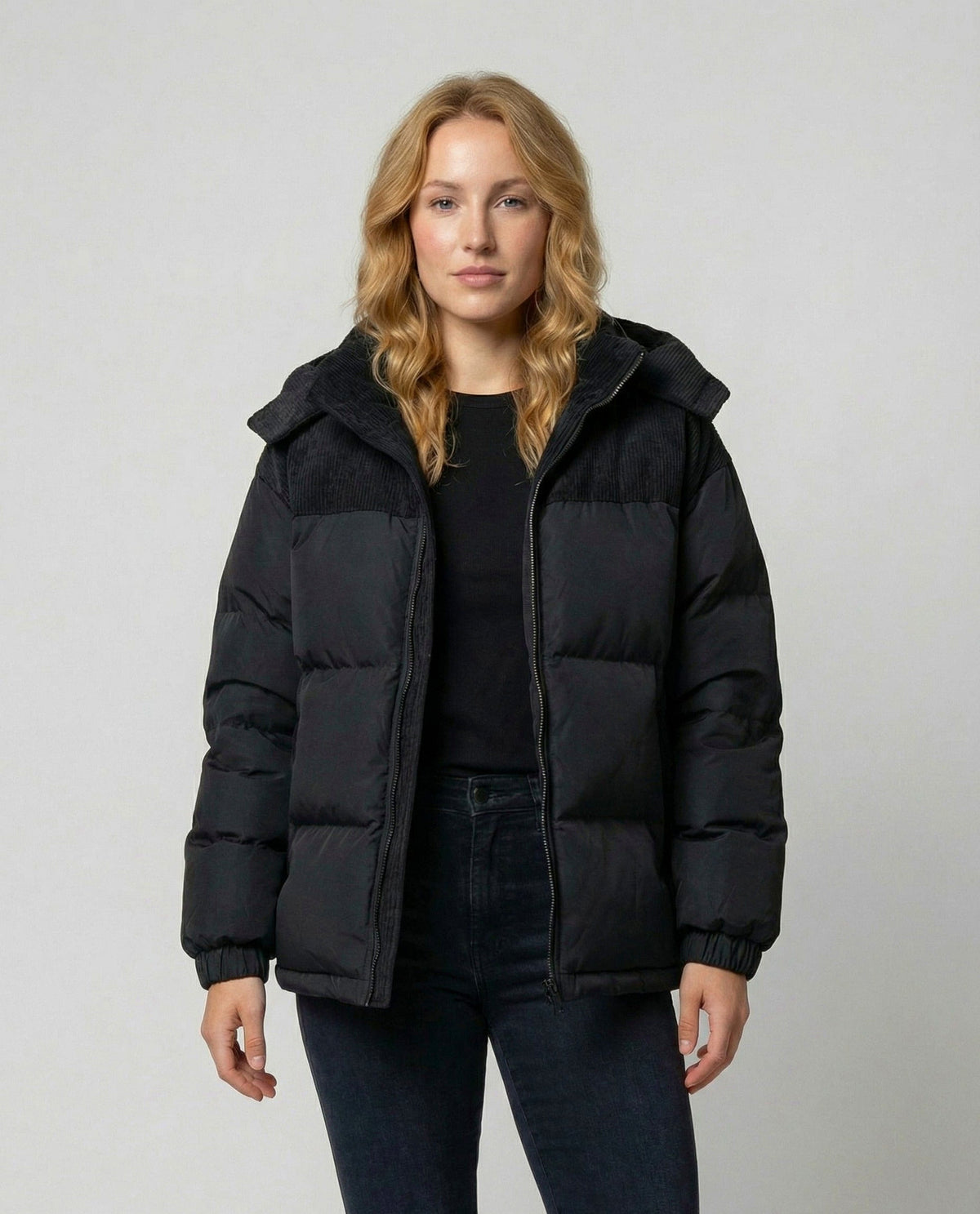 Corduroy Yoke Hooded Puffer Jacket
