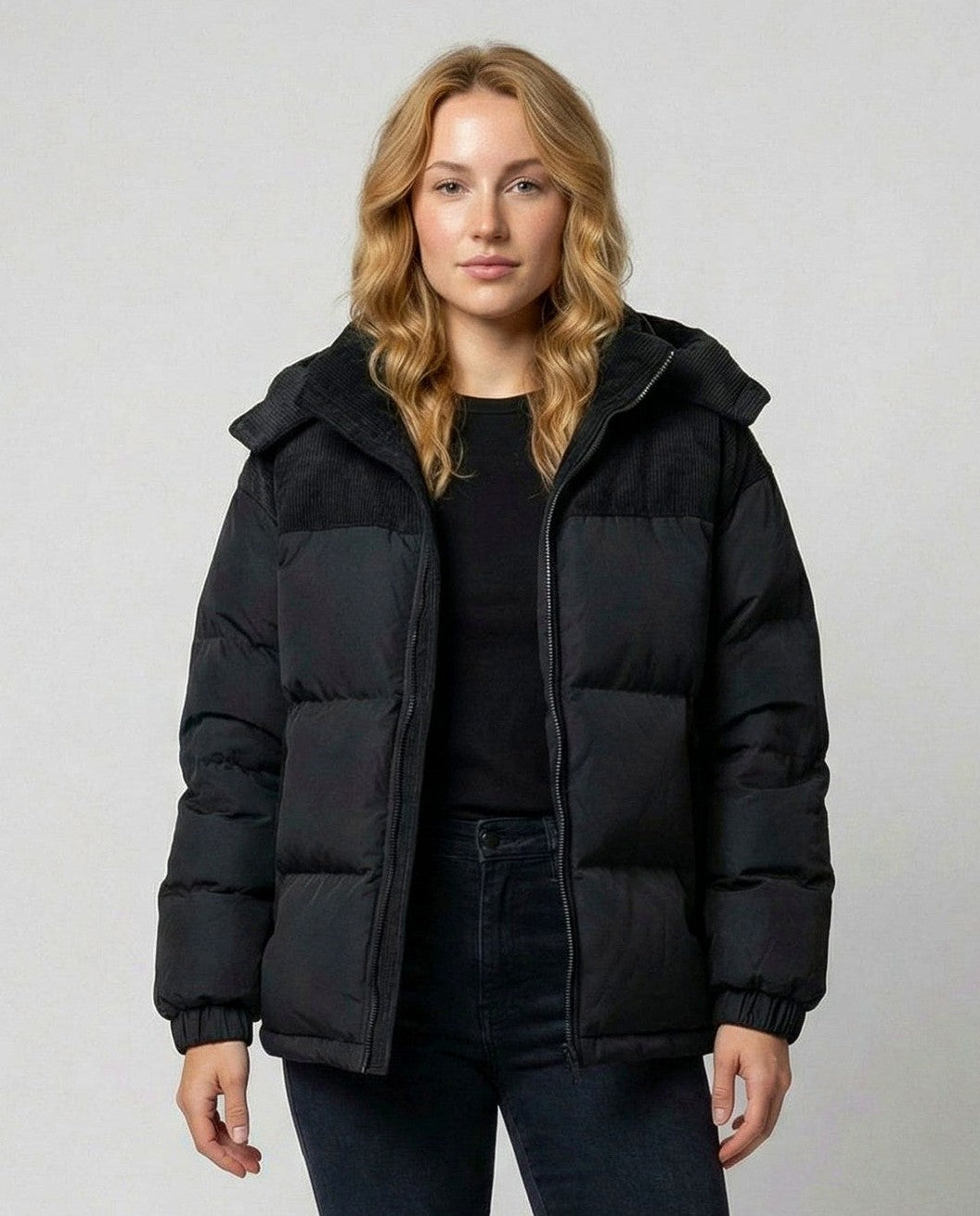 Corduroy Yoke Hooded Puffer Jacket