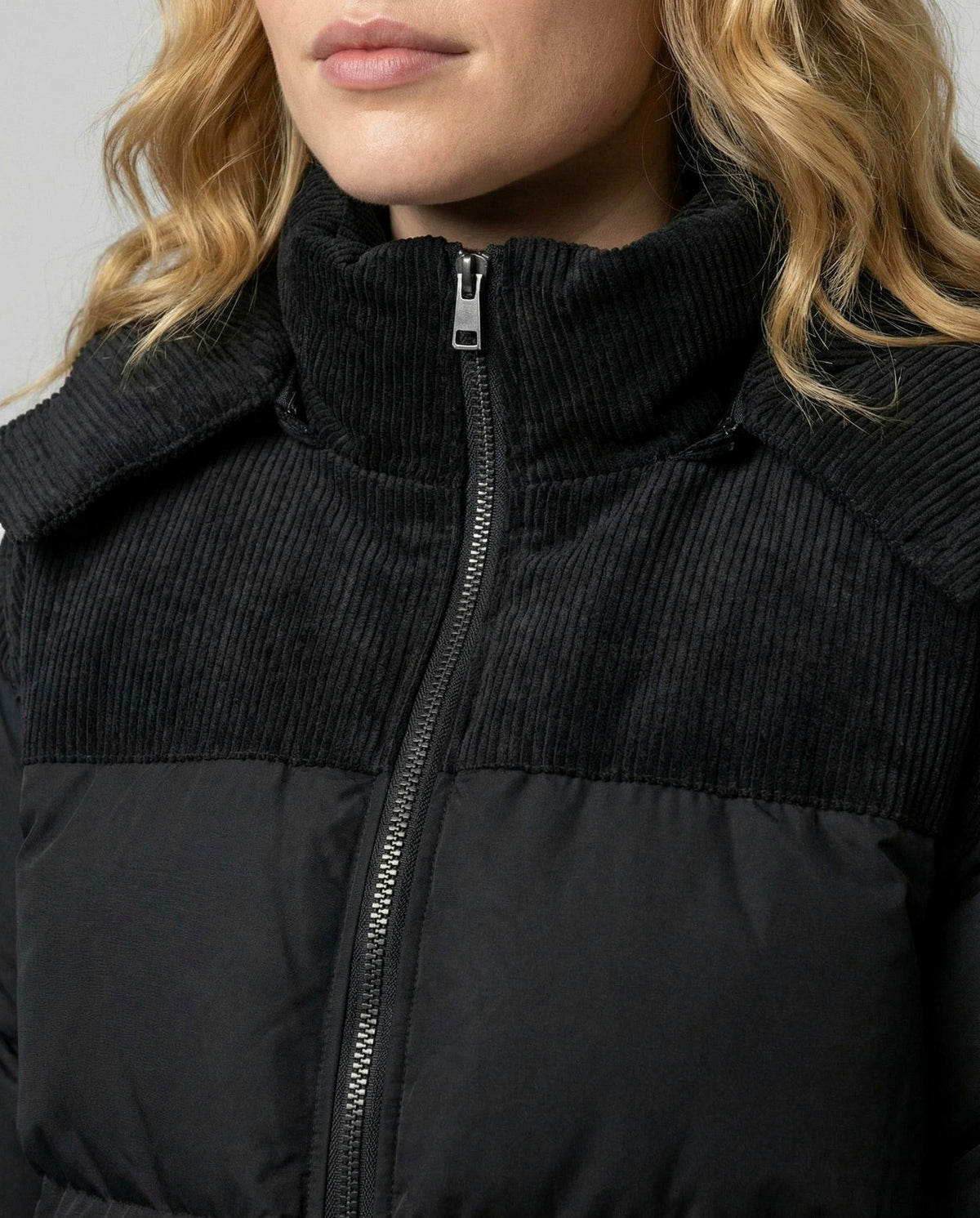 Corduroy Yoke Hooded Puffer Jacket